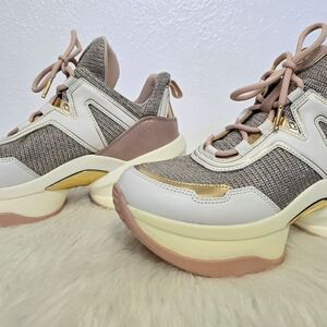 Michael Kors Olympia Glitter Chain-Mesh and Leather Trainer. NEW